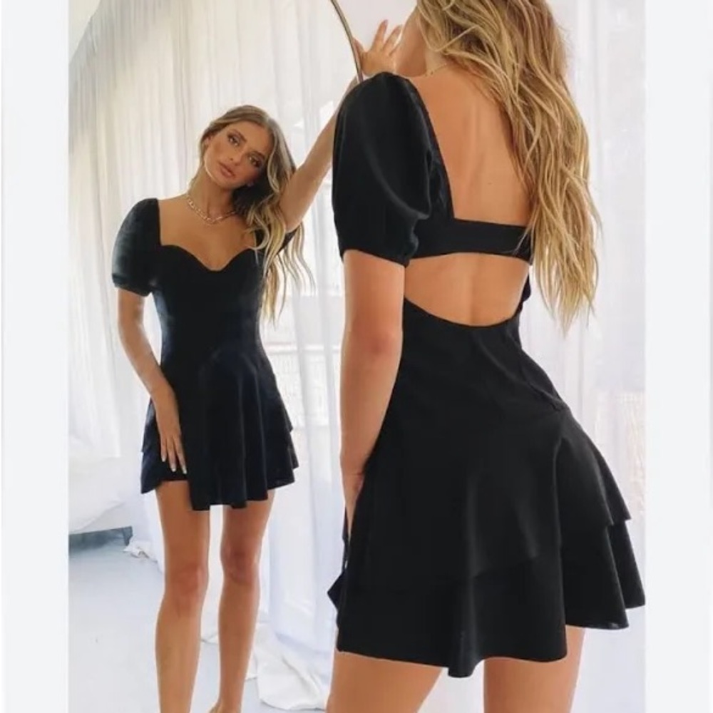 Black SNDYS ruffle puff sleeve drop waist Barcelona mini dresss